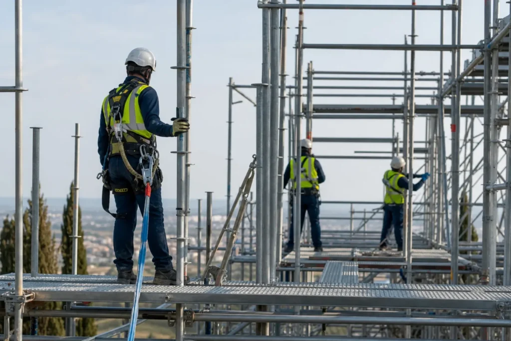Montador de andamios en Málaga trabajando sobre una estructura modular