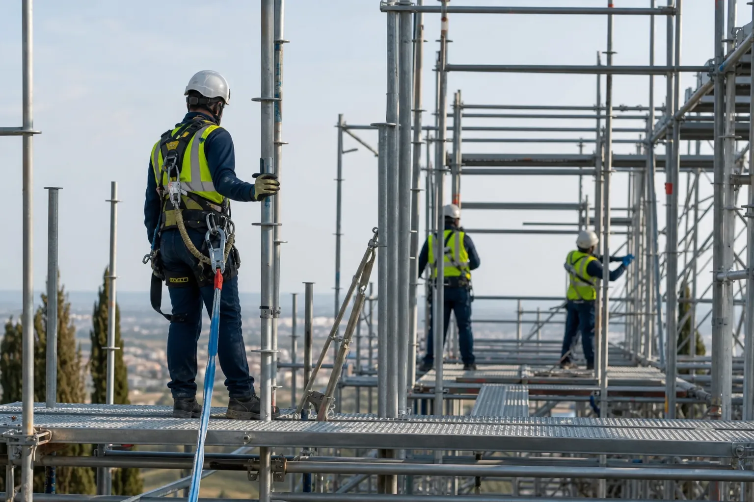 Equipo de montaje trabajando en una estructura de andamios