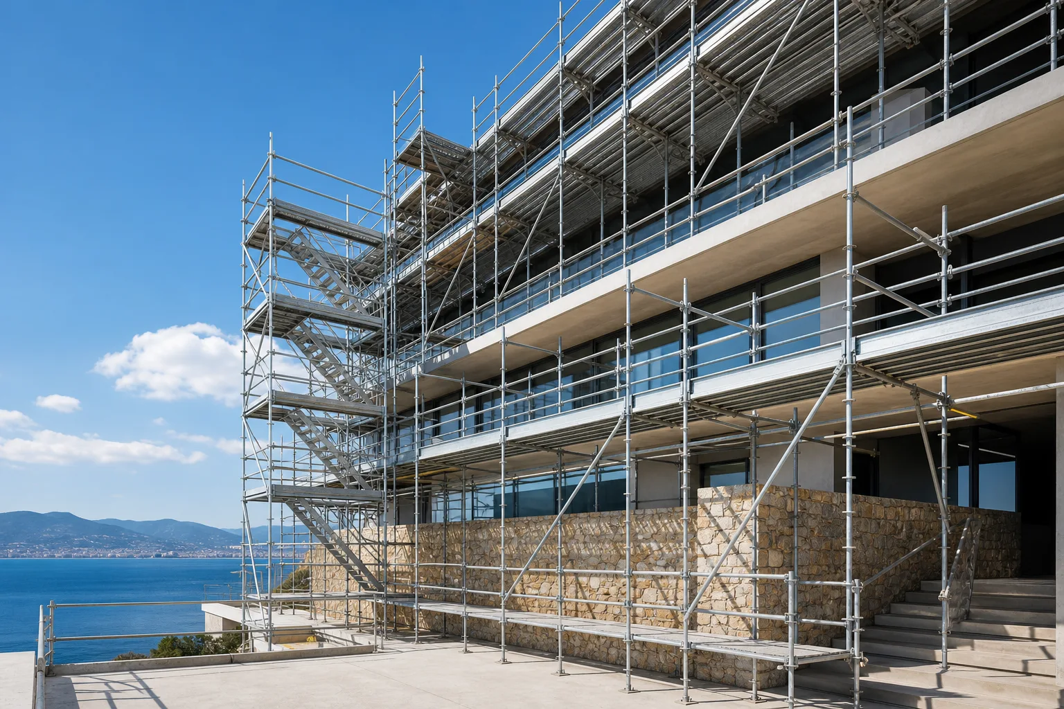 Servicios de andamiaje en Málaga: estructura de acceso instalada en una obra