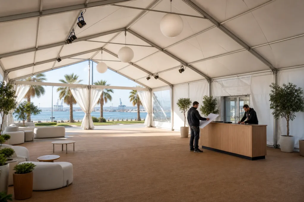 Carpa temporal preparada para un evento en Málaga