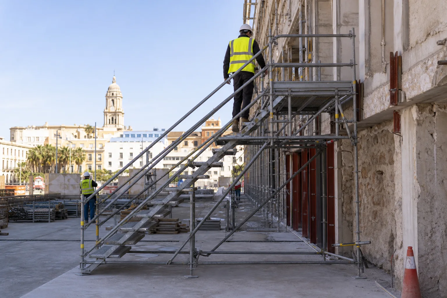 Escaleras de acceso para obras en Málaga integradas en una estructura de andamio