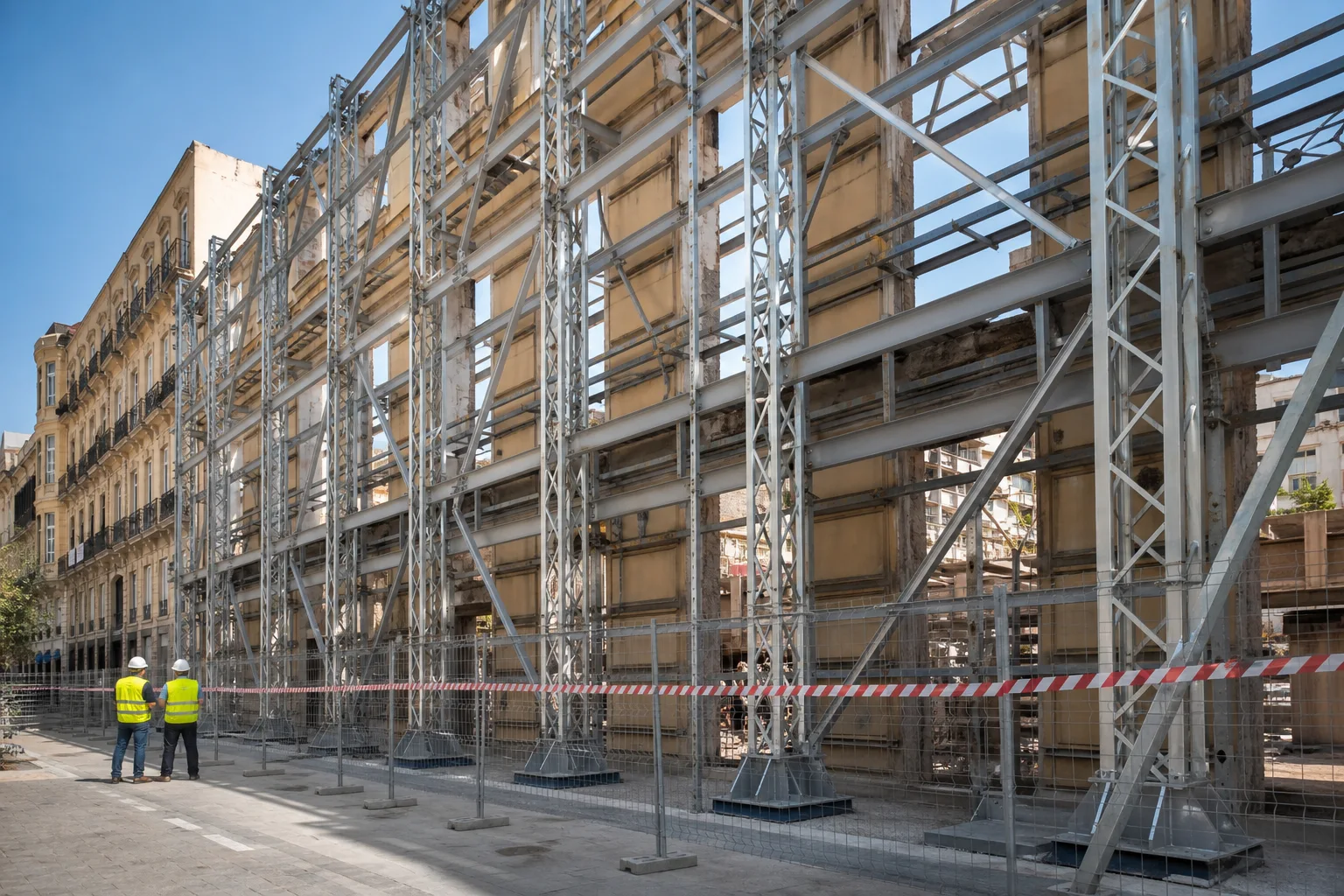 Estabilizadores de fachada en Málaga sujetando el muro de un edificio en rehabilitación