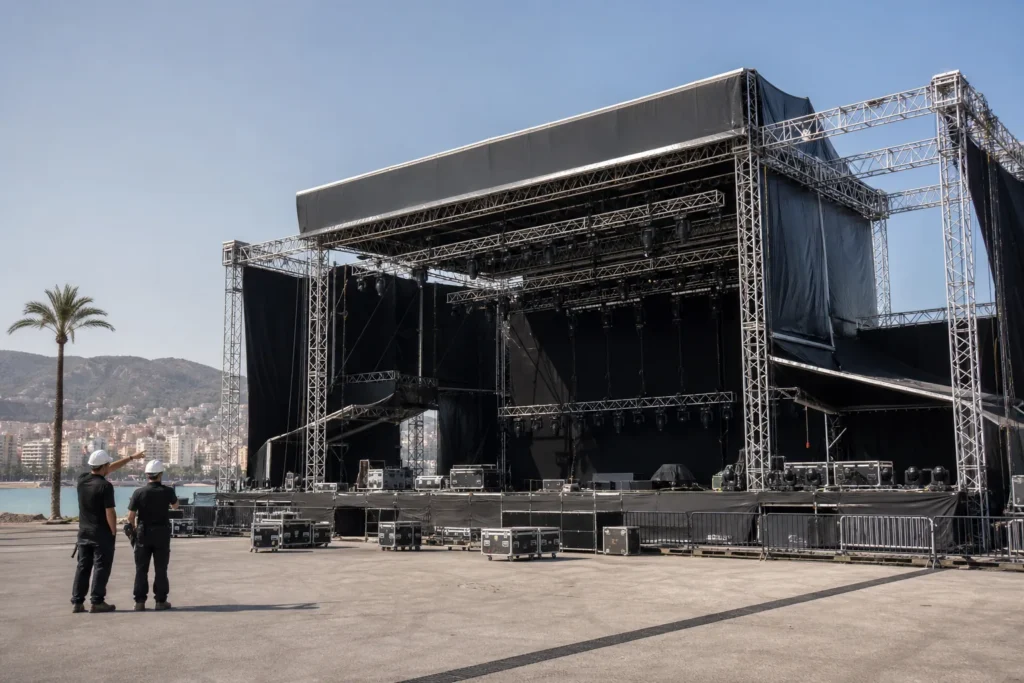 Estructura temporal preparada para un espectáculo en Málaga