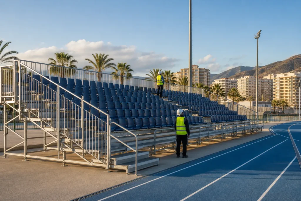 Gradas modulares preparadas para una actividad deportiva en Málaga