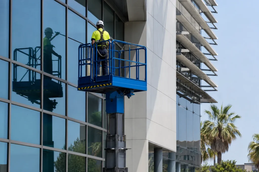 Plataforma motorizada realizando mantenimiento en una fachada