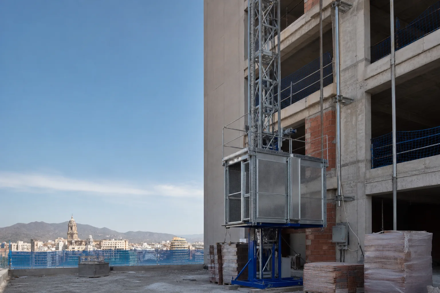 Alquiler de montacargas de fachada en Málaga instalado en una obra