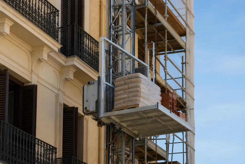 Montacargas de fachada elevando materiales en una obra de rehabilitación