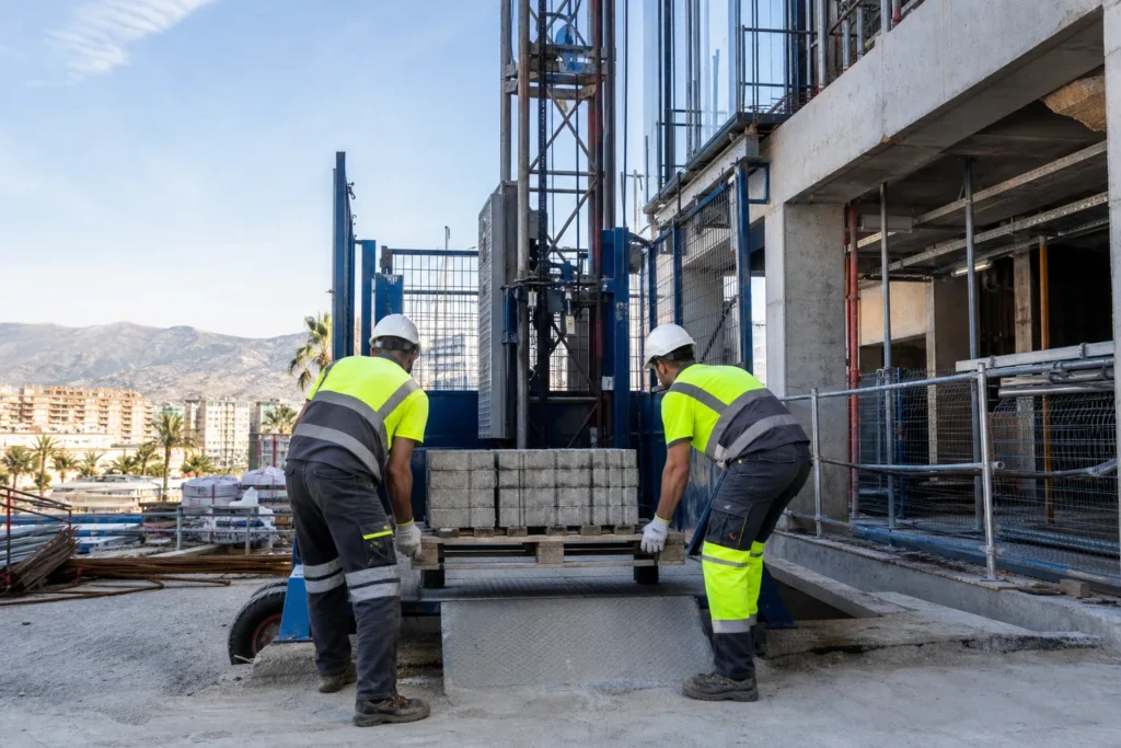 Operarios cargando materiales en un montacargas de obra