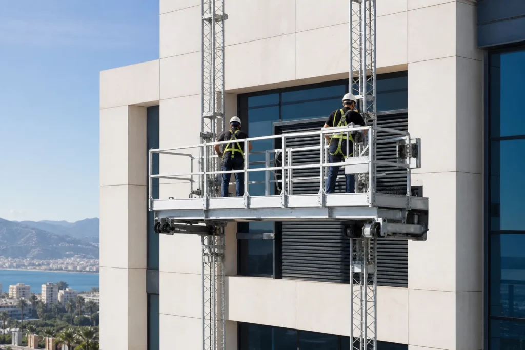 Plataforma motorizada instalada para trabajos en una fachada de Málaga