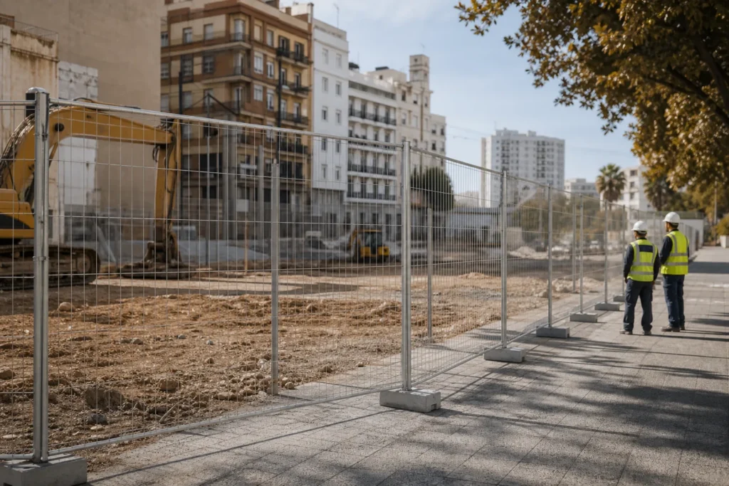 Alquiler de vallas de obra en Málaga delimitando el perímetro de un solar