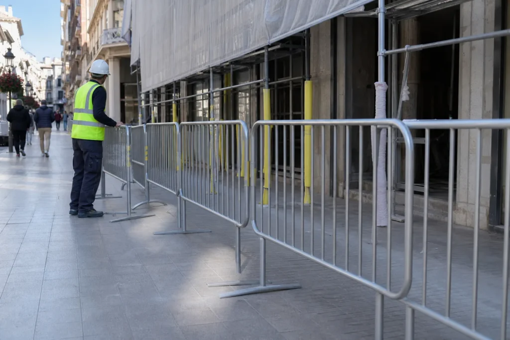 Vallas peatonales delimitando una zona de acceso controlado junto a una obra en Málaga